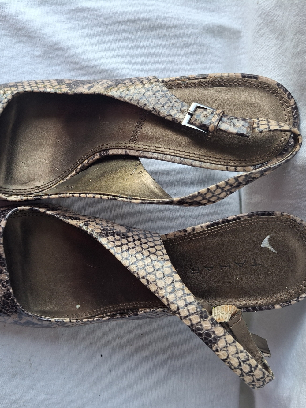 Tahari Snake-Print Slingback Sandals in Brown and Cream